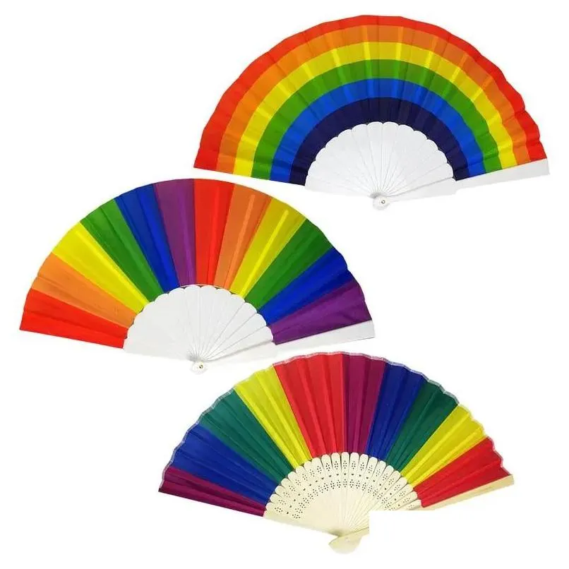 rainbow hand held folding fan silk folding hand fan vintage style rainbow design held fans party supplies