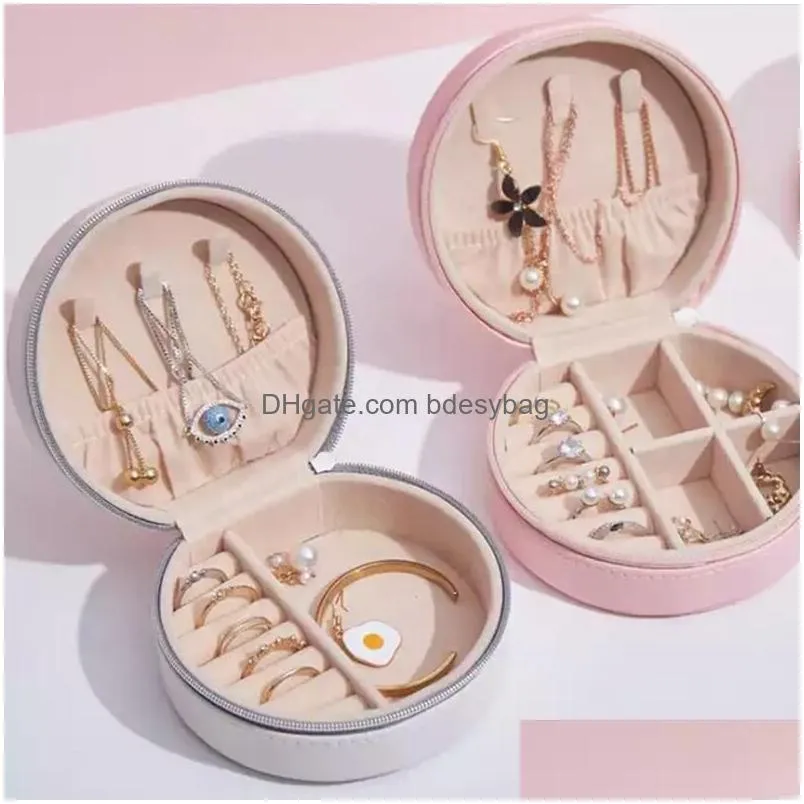 travel jewelry case pu leather bridesmaid gift boxes necklace ring earrings organizer small round jewelry box packaging