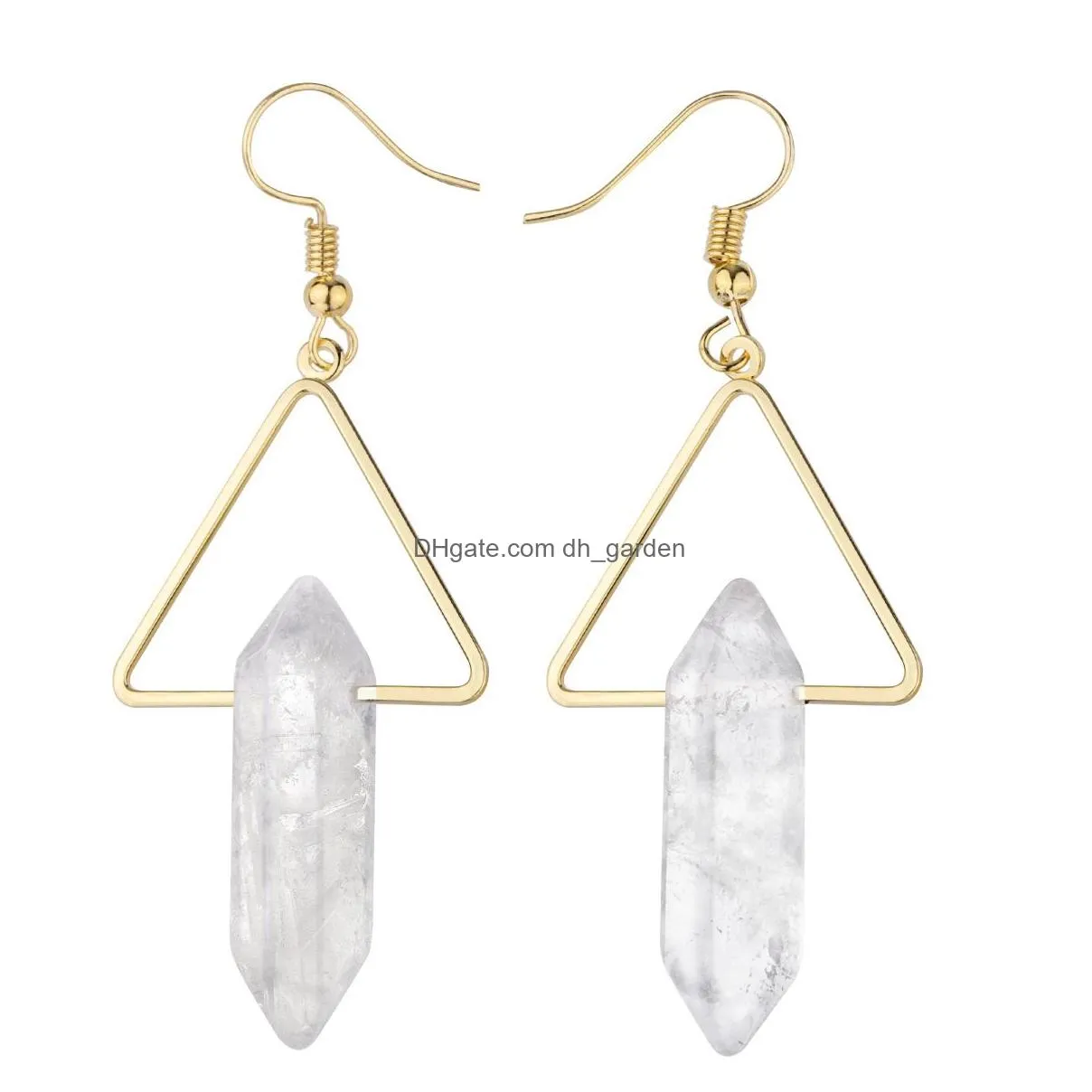 dangle drop earrings for women girls hexagonal double points healing crystal quartz gold plated triangle ear jewelry with hook