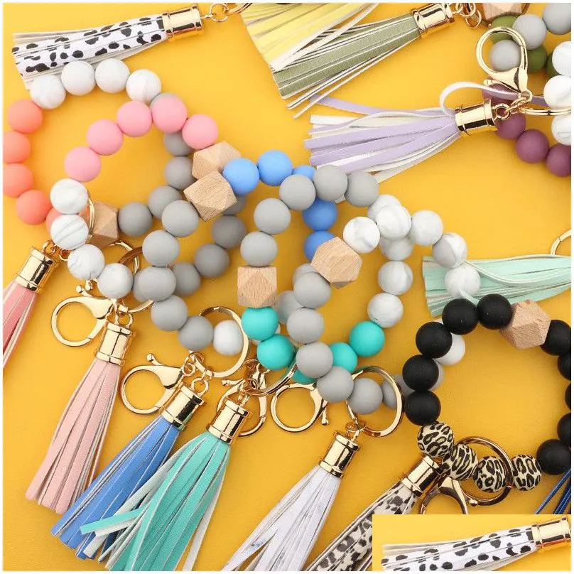 14 colors silicone key ring bracelet beaded wrislet keychain portable house car keys ring holder with tassel keyring bangle for women