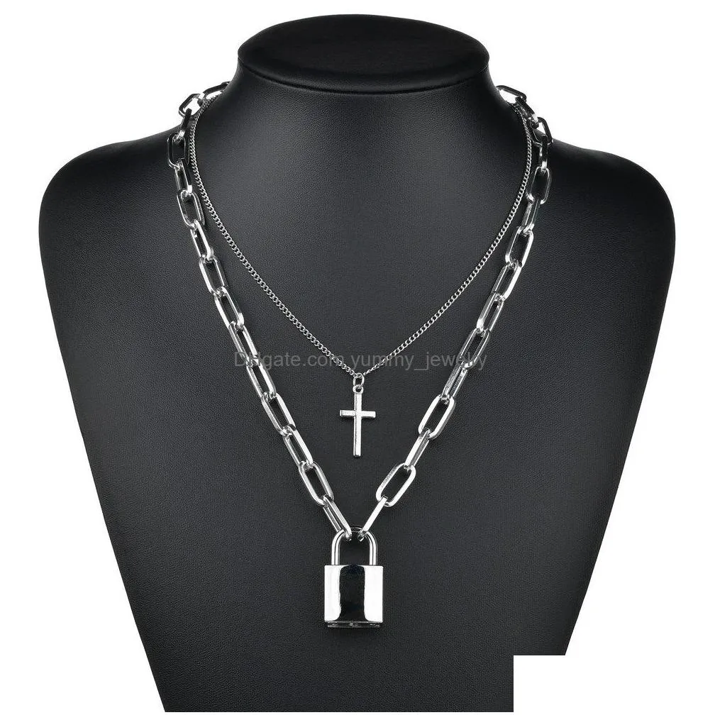punk cross lock necklace double layer chains necklaces pendants fashion women hip hop jewelry will and sandy gift