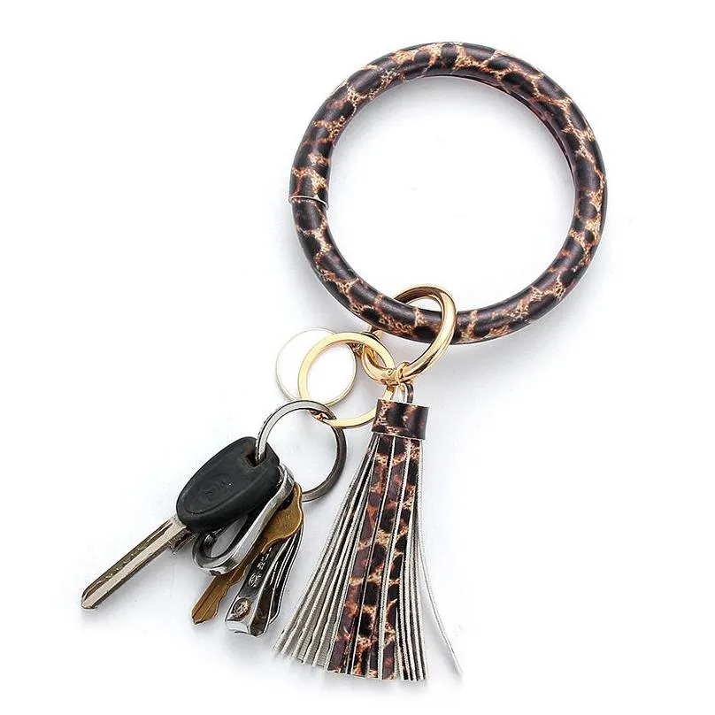 keychain bracelet for women pu leather keyring wristlet house large circle key tassel car keys ring holder for girl sunflower leopard pattern wrap tassels