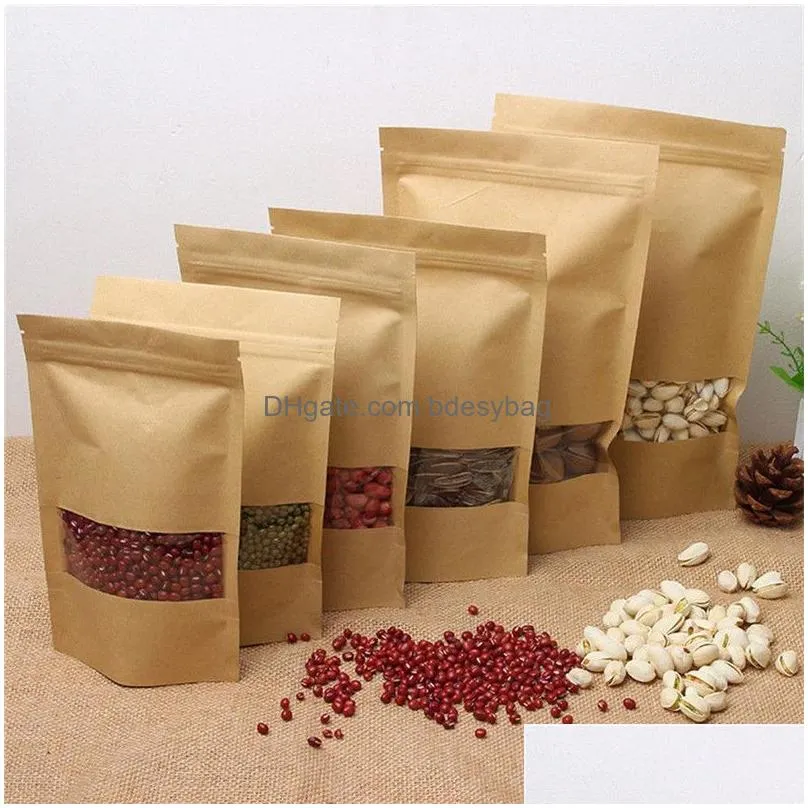 14 sizes food moisture proof bags packaging sealing pouch brown kraft paper bags with transparent clear window
