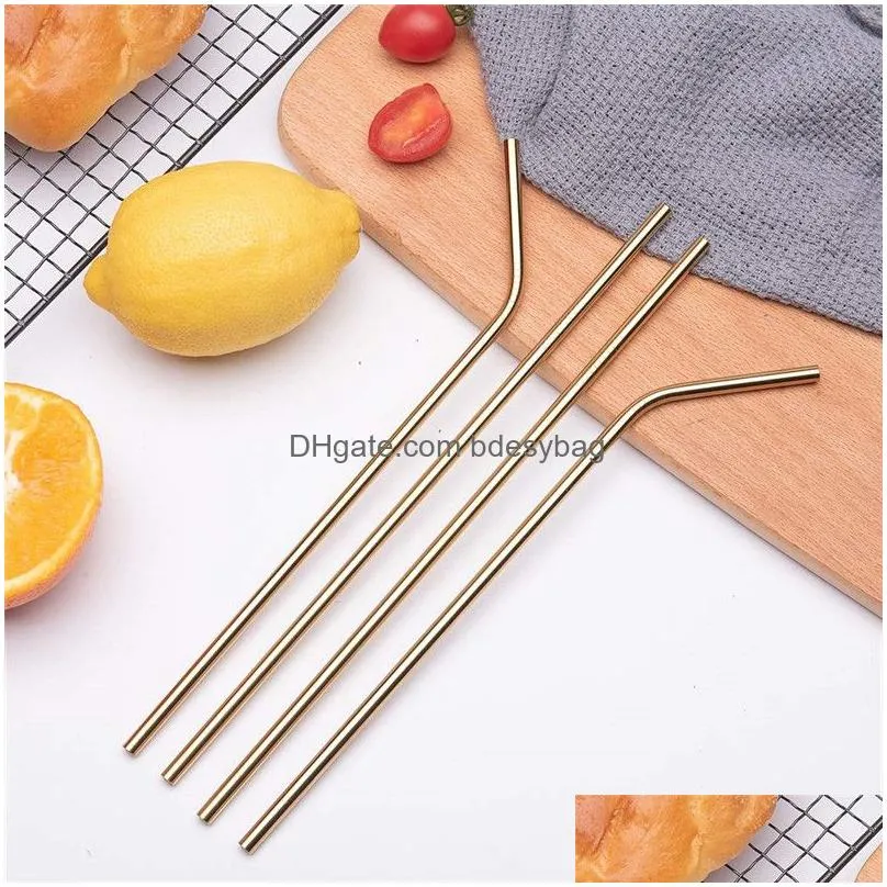 6pcs set stainless steel straws with cleaning brush and pouch reusable straight bent metal drinking straw for fruit juice milk