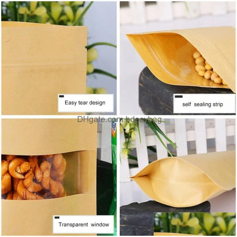 14 sizes food moisture proof bags packaging sealing pouch brown kraft paper bags with transparent clear window