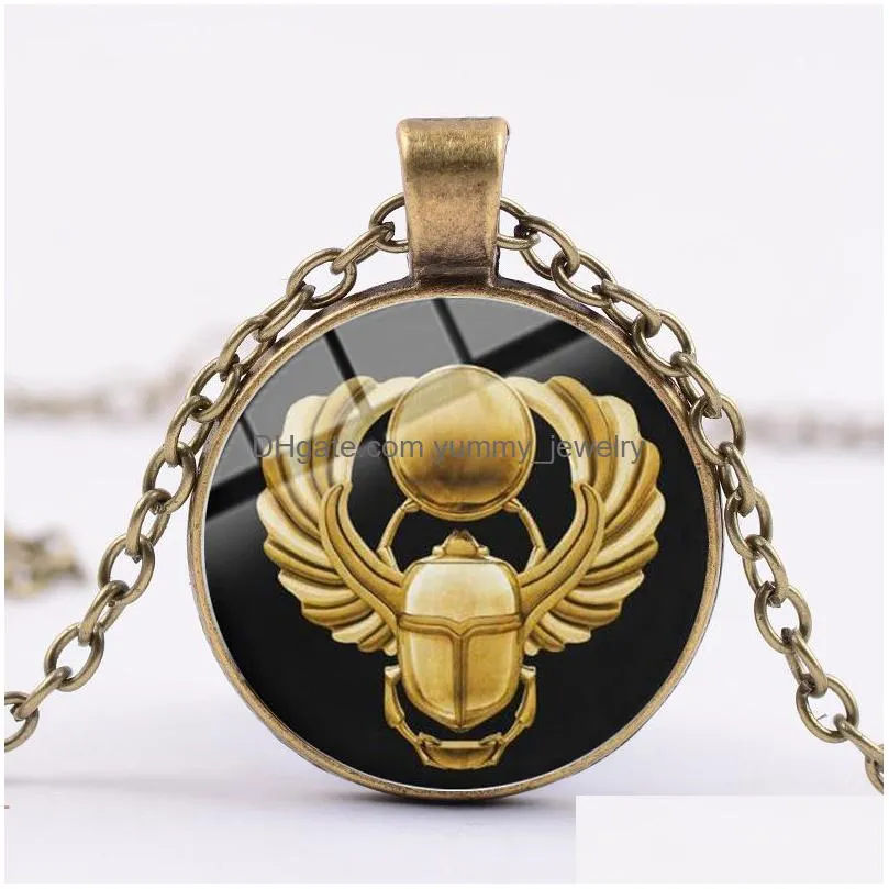 retro egyptian scarab photo chain necklace symbol of strength glass cabochon pendant egypt amulet charm statement jewelry