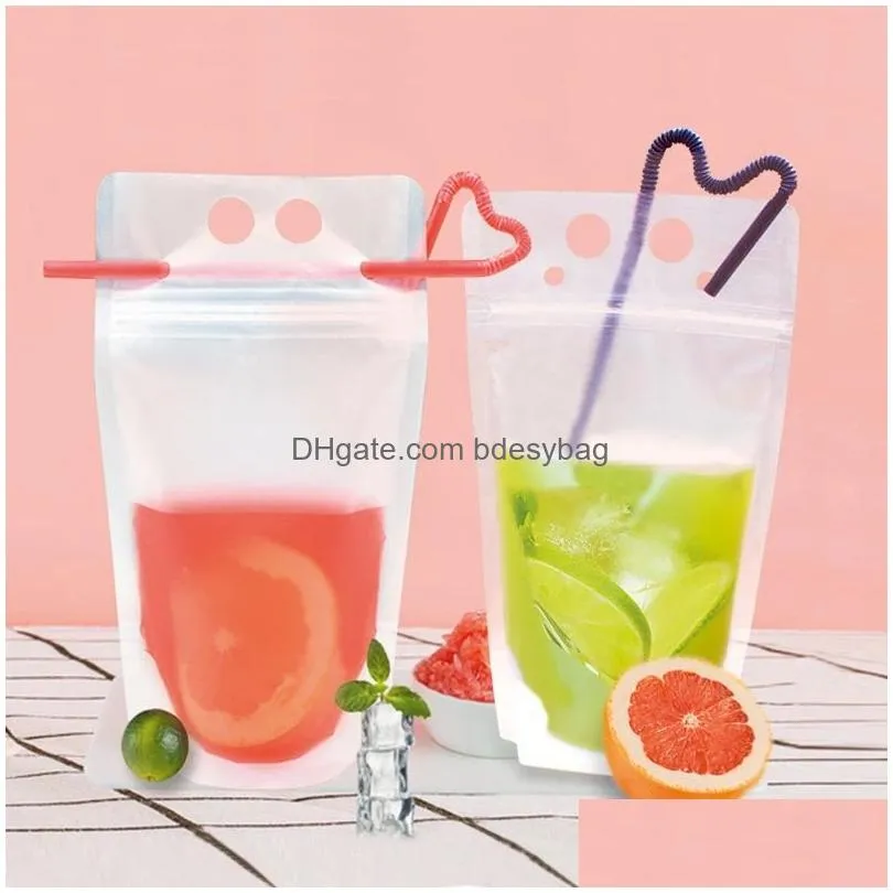 water bottles drink bag with straw holes zable juice bags pouch translucent reclosable zipper plastic drinking poucjes sealed juices liquid