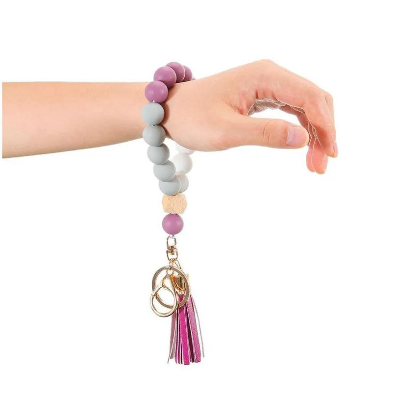 silicone key ring bracelet beaded wrislet keychain portable house car keys holder tassel chain wooden wristlet bangle elastic keyrings chains for women