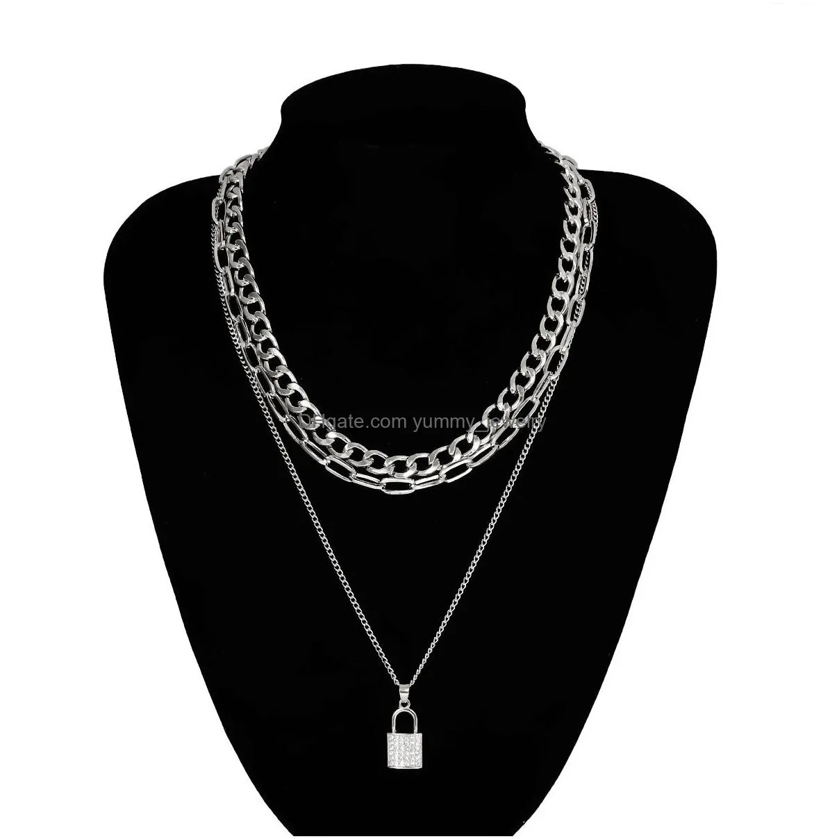 fashion luxury multi layer link chain sparkling diamond silver lock pendant vintage choker statement designer necklace for women girls