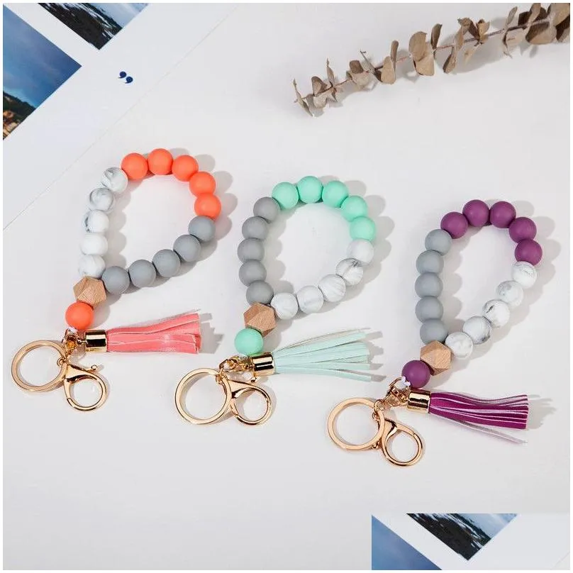 silicone key ring bracelet for women unique stylish beaded bangle wristlet keychain bead keyring tassel house car holder