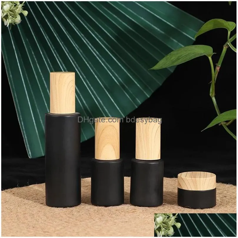 5g 10g 15g 20g 30g 50g 60g 80g 100g black frosted glass cream bottle cosmetic lotion spray pump bottles empty refillable jars container with wood grain plastic