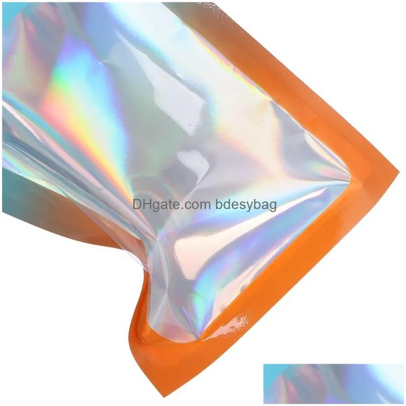 100pcs lot gradient color flat zipper bags holographic aluminum foil pouch cosmetics gift retail bags with hang hole