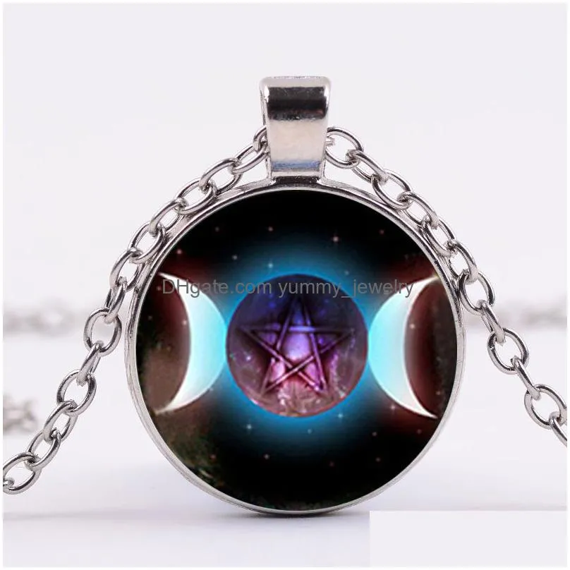 purple triple moon goddess necklace supernatural pentagram wicca protection glass pendants magic necklaces for men women