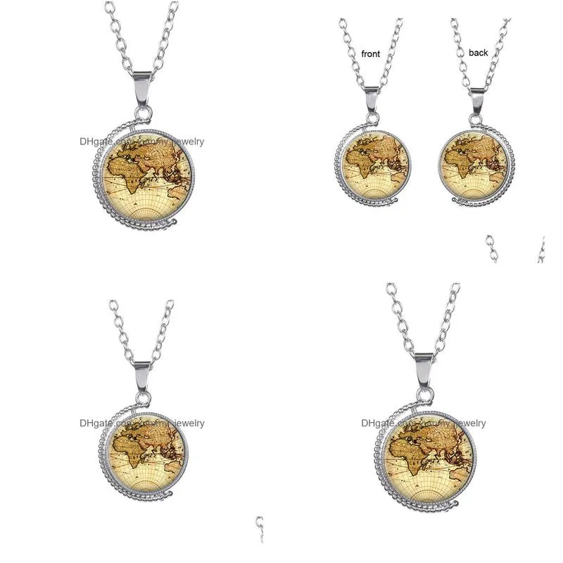 rotatable world map time gem pendant necklace double sided glass cabochon rotating sweater chain fashion jewelry for men women kid gift will and