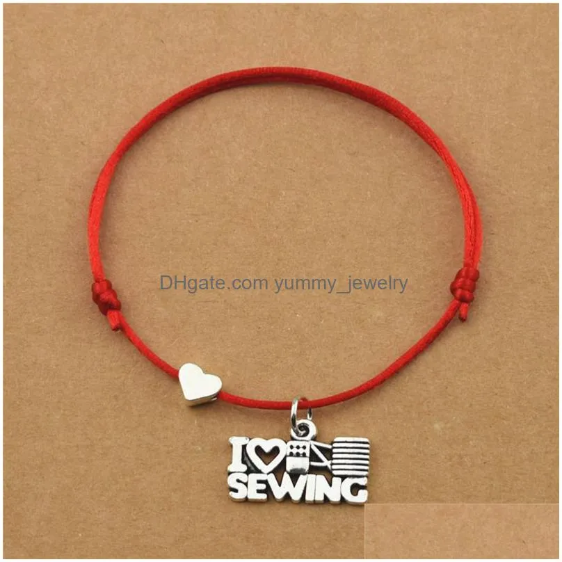 personality i love sewing cotton reel heart charm red rope cord bracelets handmade for women girls best friends jewelry gifts