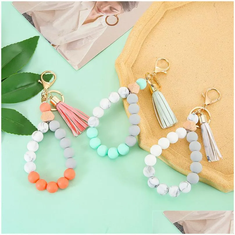 11 colors wooden tassel bead string bracelet keychain food grade silicone beads bracelets women girl keyring wrist strap key ring