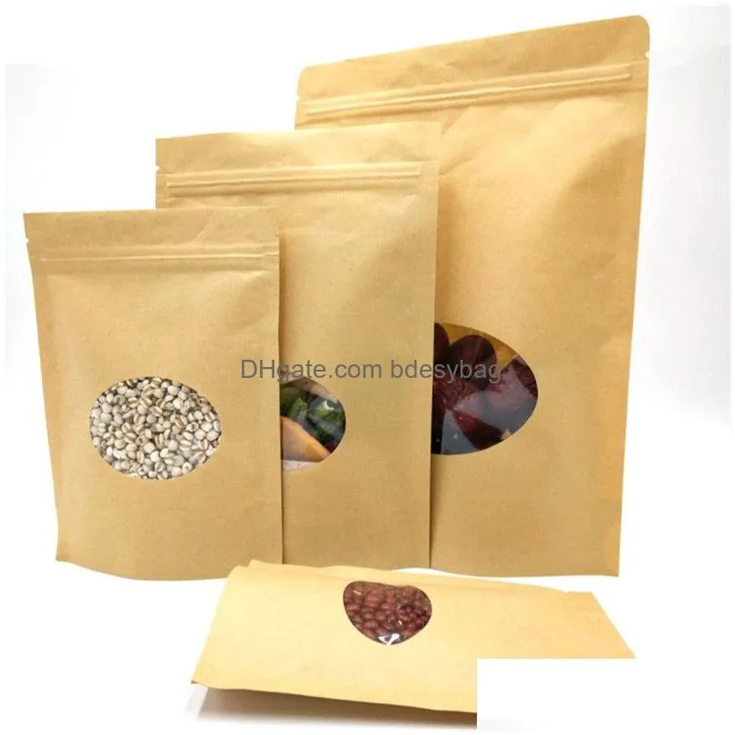 kraft paper bags reusable sealing food pouches stand-up fruit tea gift package with transparent window storage packing bag