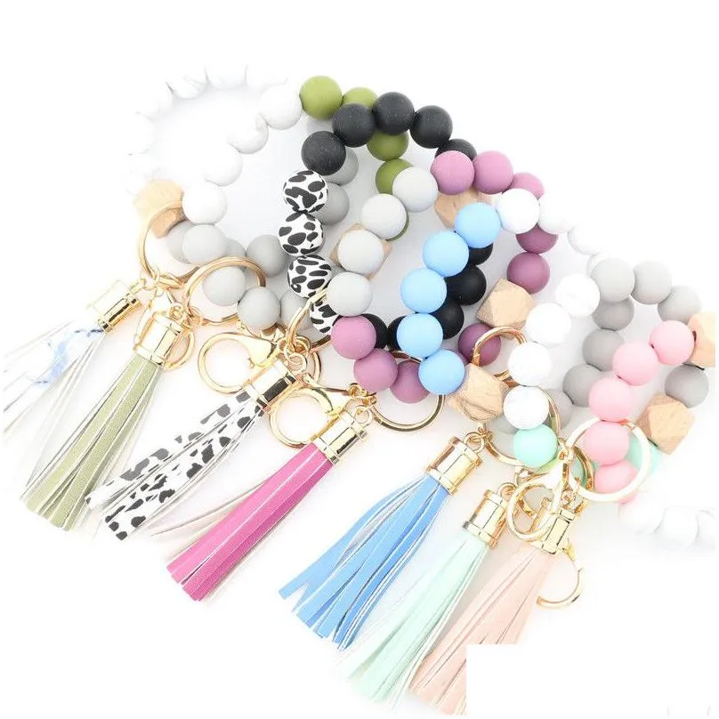 14 colors wooden tassel bead string bracelet keychain silicone beads chain women girl key ring wrist strap keychains for car wristlet with soft nylon tassels