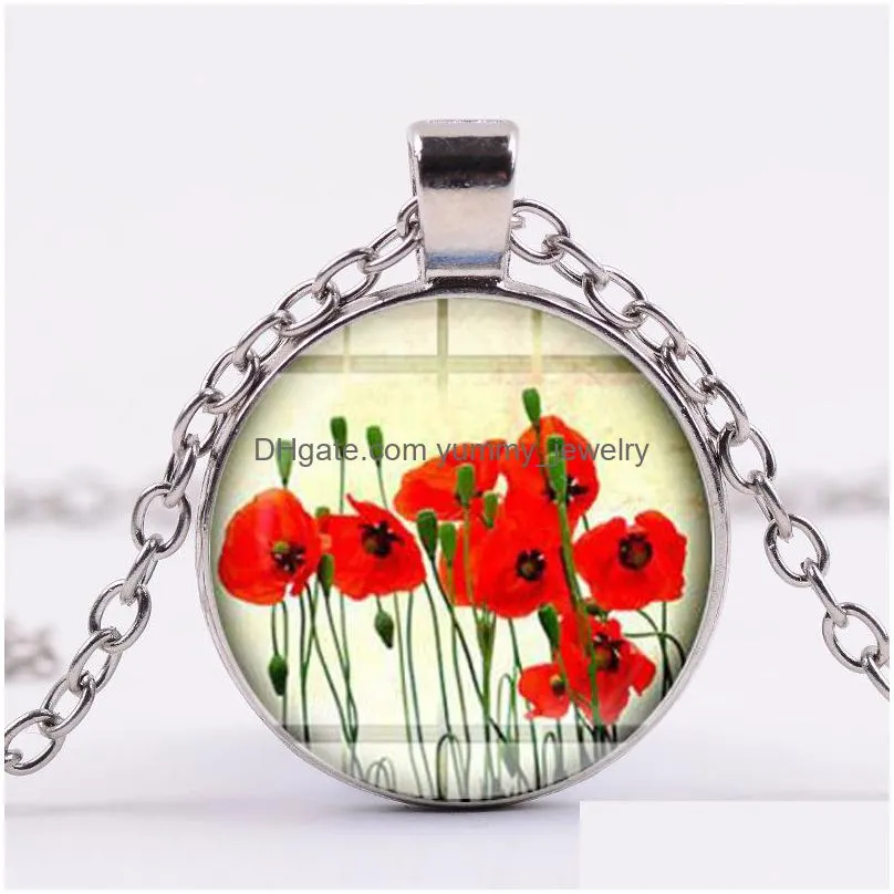 hot red beautiful flower chain necklace field of flowers art natural pendant glass cabochon necklace women charm jewelry