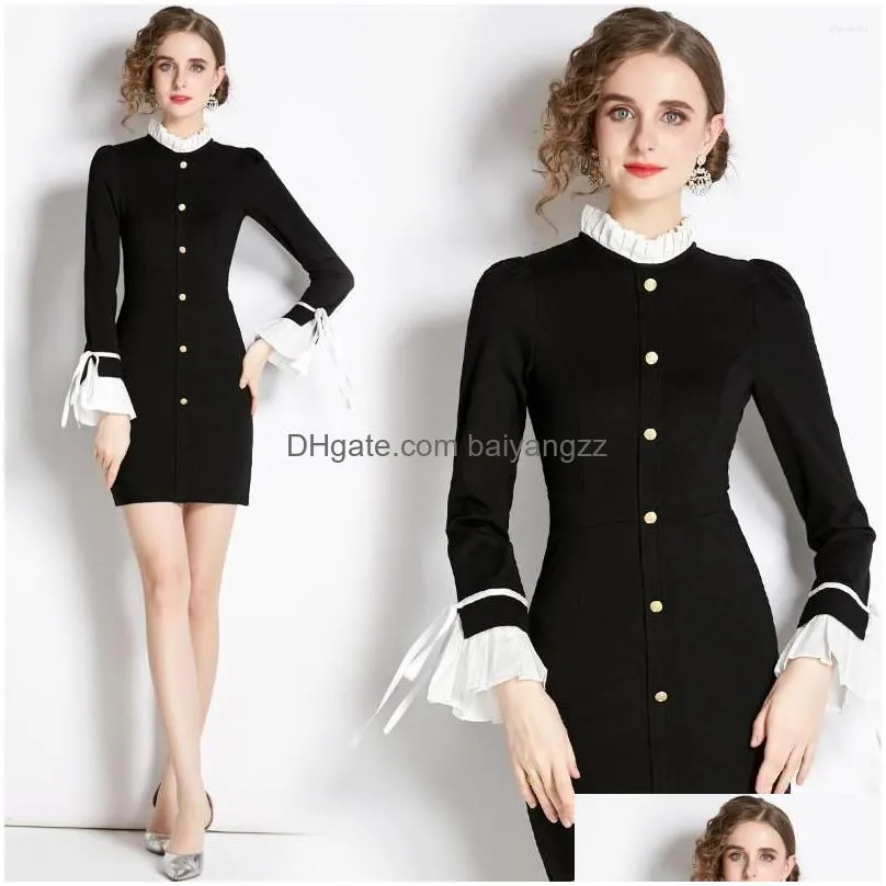 Basic & Casual Dresses Casual Dresses French Elegant Slim Stand Collar Flare Sleeve Women Splicing Work Wear Dress Professional Ladies Dhbue