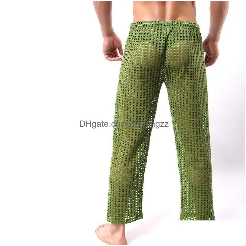 Men`S Sleepwear Wholesale-Y Mens Pants Sleepwear See Through Big Mesh Lounge Pajama Bot Loose Trousers Low Rise Couples Gay Male Fetis Dhcik