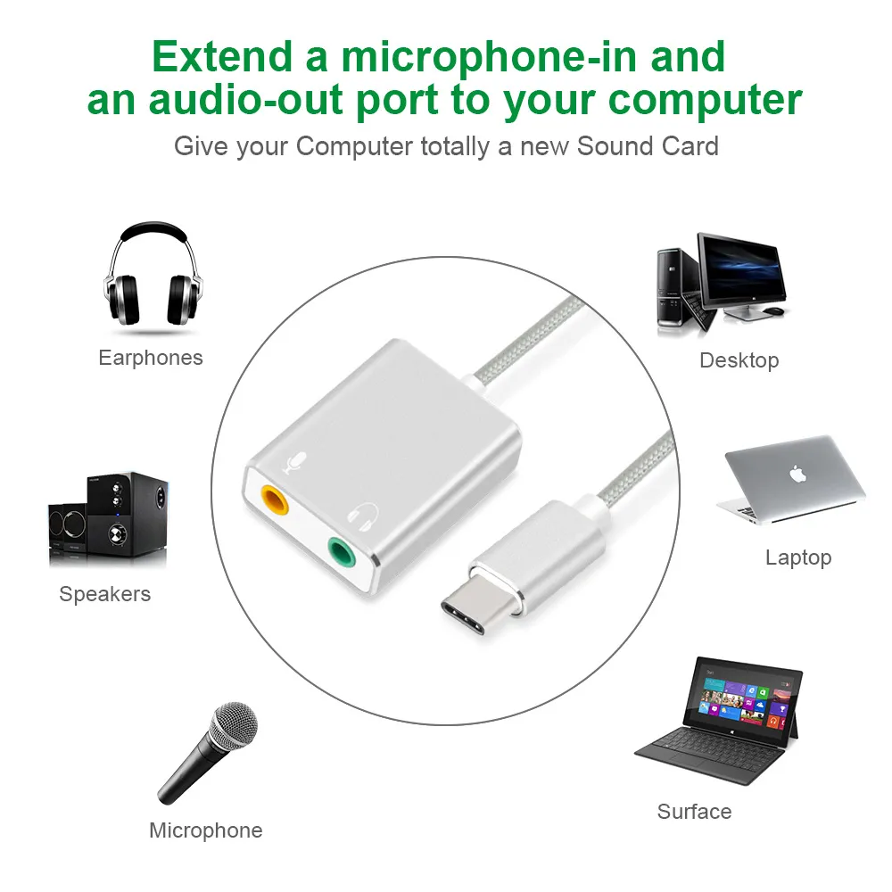 USB C Type C External Sound Cards HiFi Magic Voice Virtual 7.1 Channel Audio Card Adapter Earphone Microphone Speaker for Laptop1