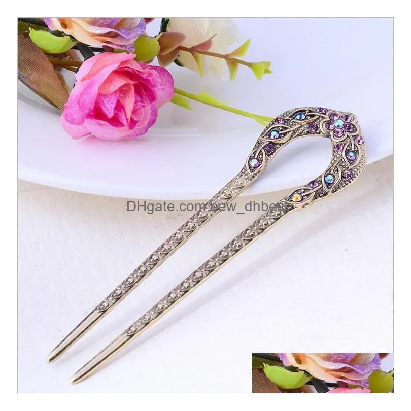 Headbands 5 Colors Vintage Hair Accessories Antique Bronze Plated Hairpins Stick Pin Women Rhinestone Flower Jewelry Drop Delivery Jew Dhbn9
