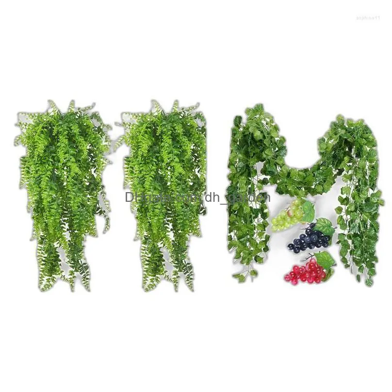 decorative flowers 4 pcs artificial plants vines boston fern  rattan greenery 12 strands fake grape ivy leaves