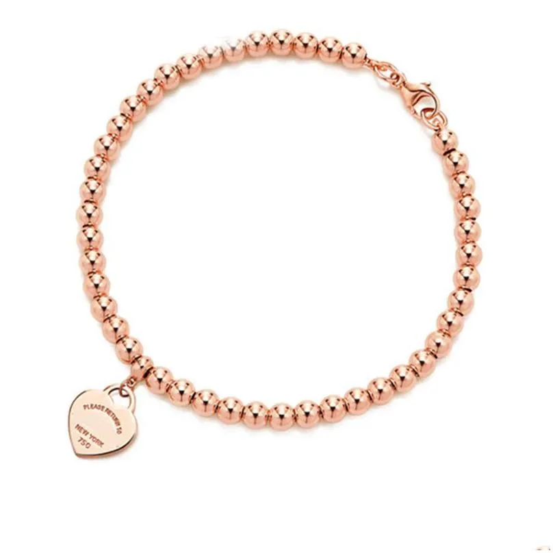 Beaded Fashion 925 Sterling Sier Tag Love Heart Bracelets Original Classic T Beaded Bracelet 4Mm Rose Gold Bead Man Women Jewelry Love Dhjah