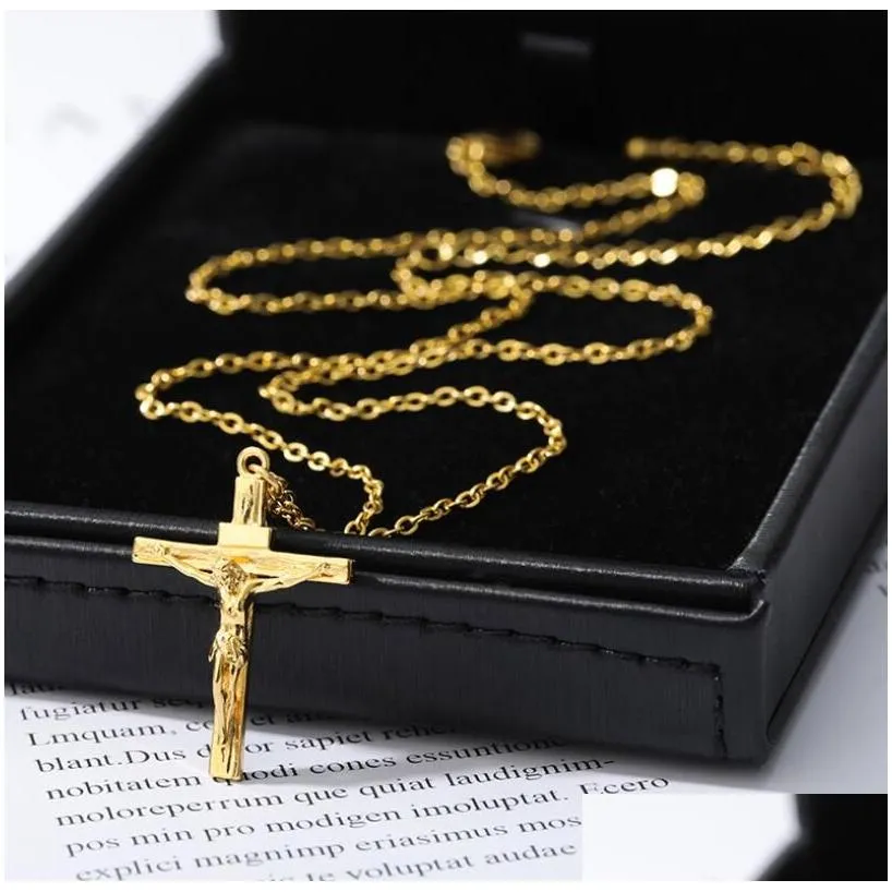 Pendant Necklaces 18K Solid Gold Filled Crucifix Jesus Cross Stunning Chain Necklace Gift Mti-Style Design Select Manufacturers Dhubp