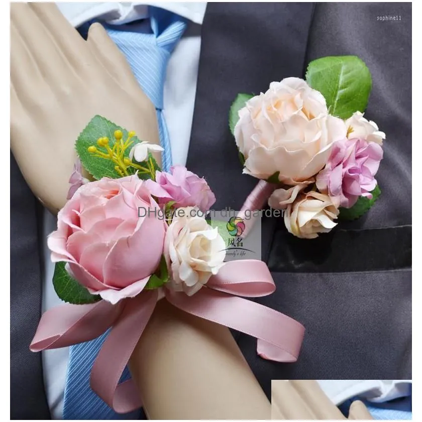 decorative flowers 1 piece wedding groom boutonniere or bridal hand wrist flower artificial floral supplies party prom accessories