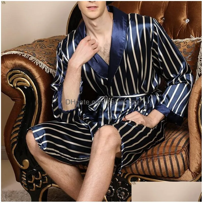 Men`S Sleepwear Spring Fashion Sleepwear Mens Silk Satin Pajamas Sets Robe Striped Long Sleeves Bathrobe Kimono Night Dressing Gown Dr Dhhgq