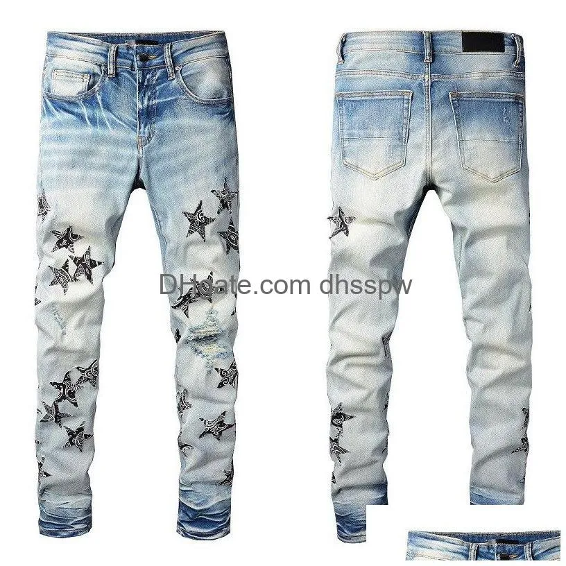 Designer Jeans Mens Denim Embroidery Pants Fashion Holes Trouser Us Size 28-40 Hip Hop Died Zipper Trousers For Male 2022 Top Drop Del Dhhct