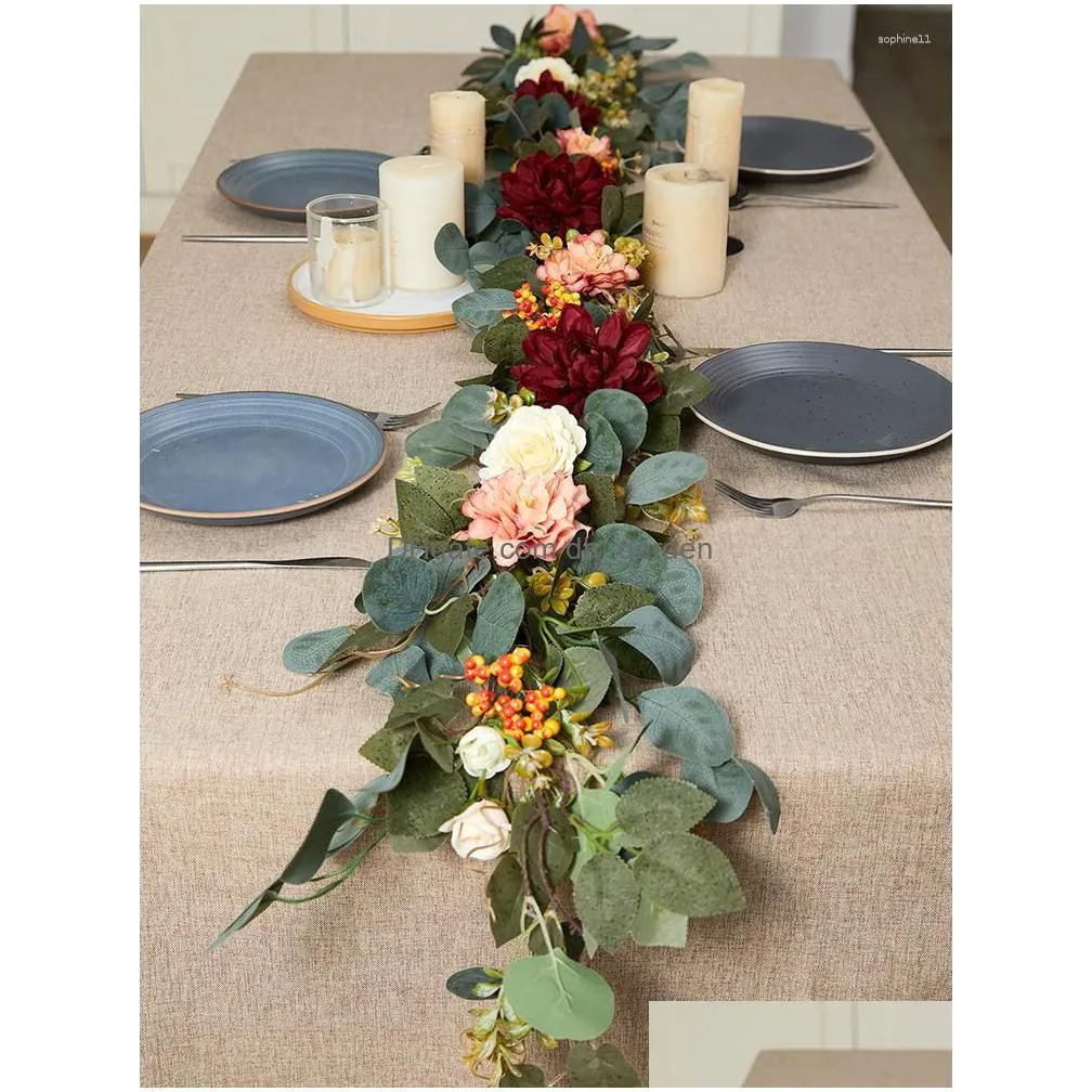 decorative flowers 2m artificial silk eucalyptus garland with fake sunset dahlia vines for wedding party home table arch decor