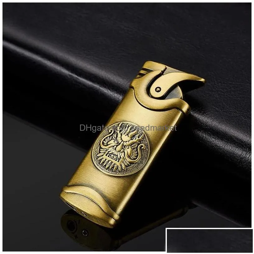 Lighters Lighters Metal Turbo  Lighter Windproof Refillable Butane Gas Cigar Cigarette Red Flame Men Gift Torch Drop Delivery Home Dhmwn