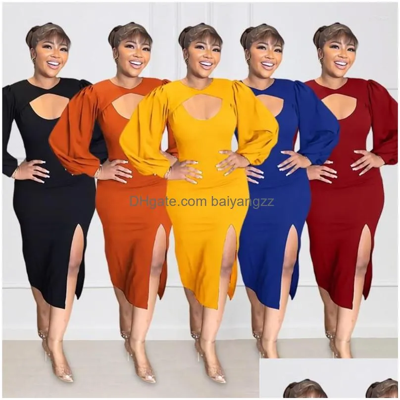 Basic & Casual Dresses Casual Dresses African For Women Y Wrapped Hip Pencil Dress Solid Hollowed Out Long Sleeved Slit Professional C Dhg2M