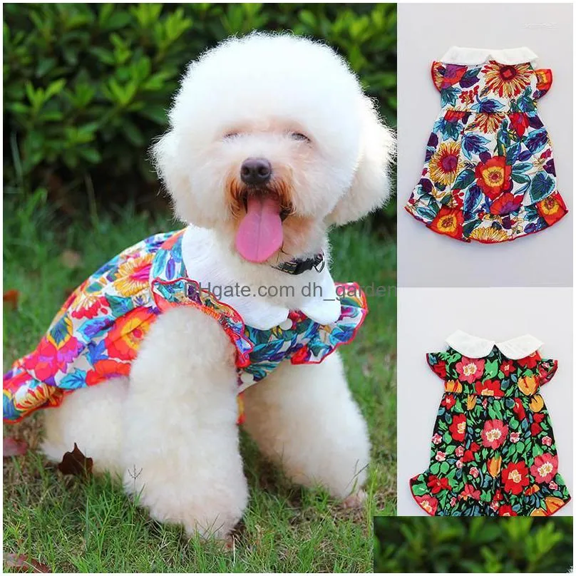 dog apparel skirt dress cat pet clothes puppy flower print flying sleeve lapel summer spring comfort colorful