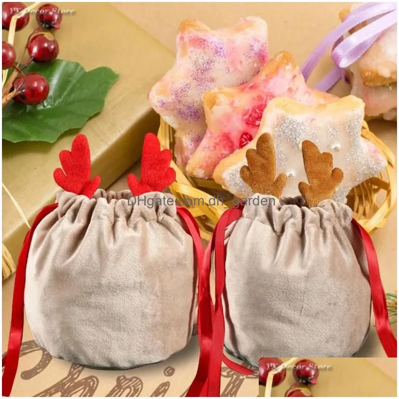 gift wrap 10/20pcs christmas bags velvet drawstring presents elk antlers reindeer packing for xmas party favor wrapping decor