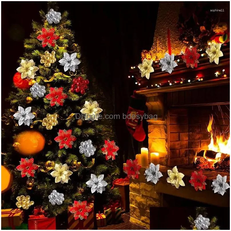 decorative flowers 5pcs christmas glitter artificial red gold xmas tree ornaments big flower heads for home year navidad party decor