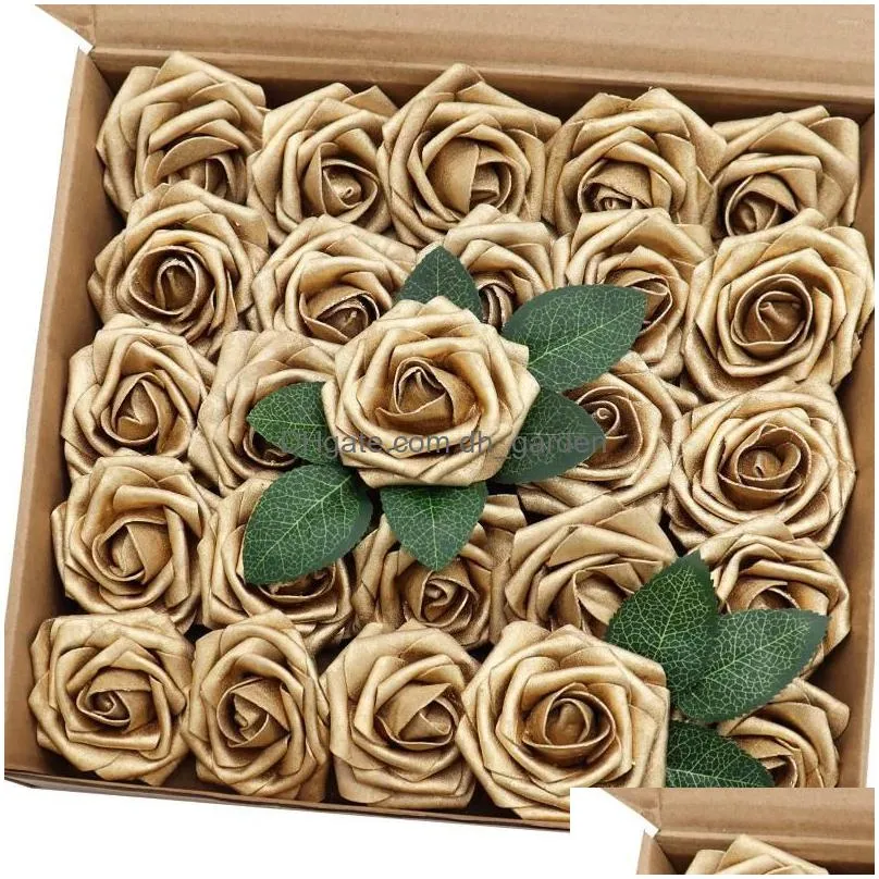 decorative flowers mefier home artificial flower 25pcs real looking gold fake roses with stem for christmas wedding bouquets party