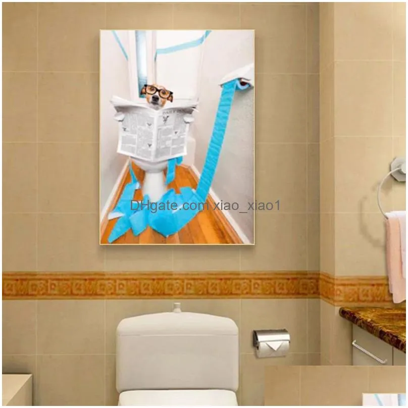 Paintings Funny Cute Dog Animal Pictures Canvas Prints Wall Painting For Room Washroom Toilet Decorative Paintings No Drop Delivery Ho Dhhpq