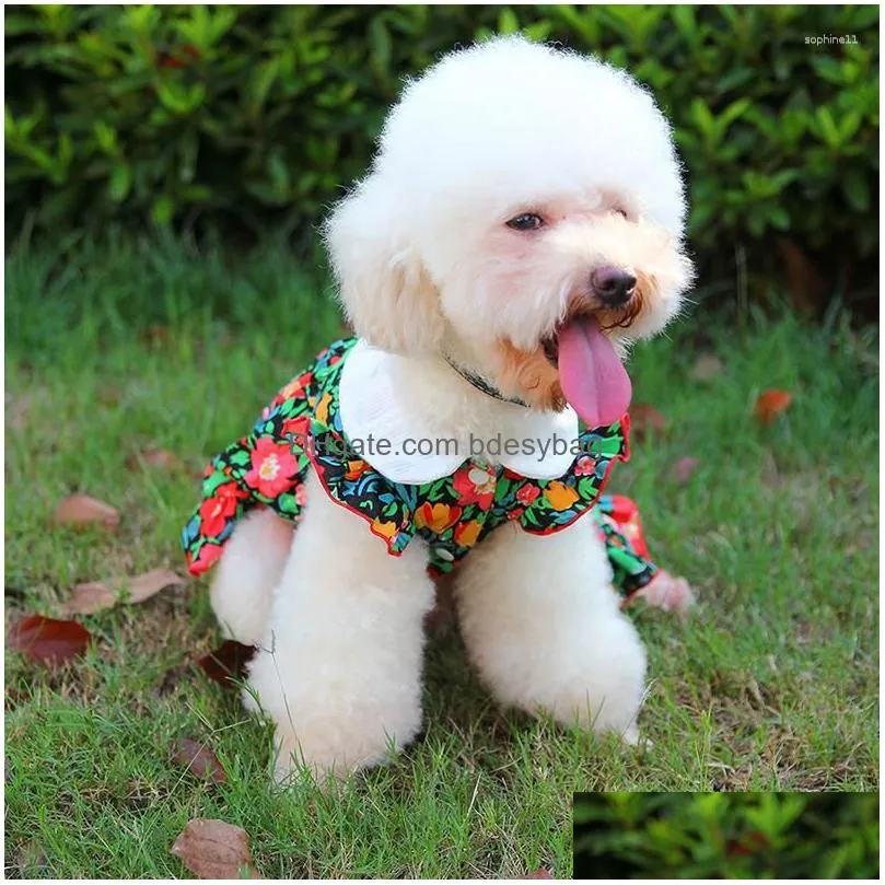 dog apparel skirt dress cat pet clothes puppy flower print flying sleeve lapel summer spring comfort colorful