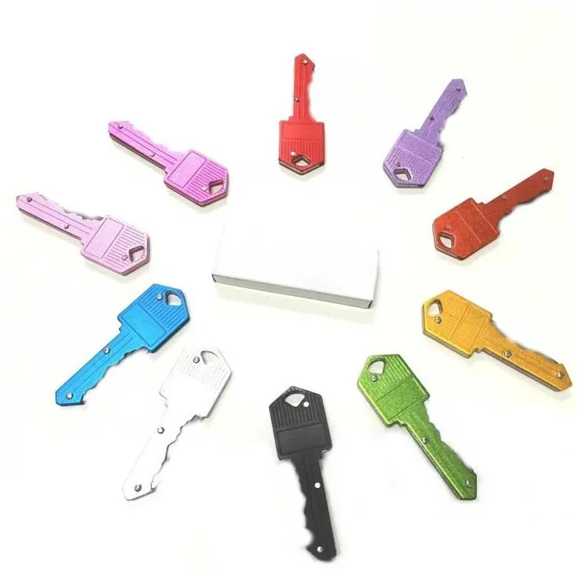 Keychains Lanyards 10 Colors Mini Folding Knife Keychain Outdoor Gadgets Key Shape Pocket Fruit Knifes Mtifunctional Tool Chain Sa