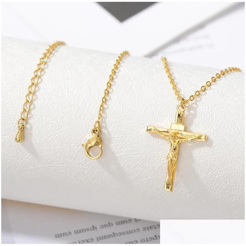 Pendant Necklaces 18K Solid Gold Filled Crucifix Jesus Cross Stunning Chain Necklace Gift Mti-Style Design Select Manufacturers Dhubp