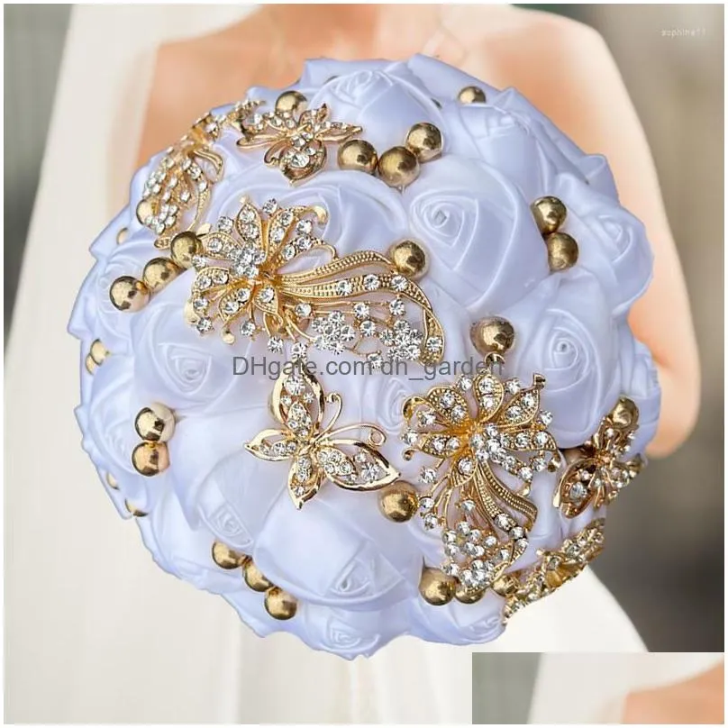 decorative flowers high quality whhite silk bouquet butterfly silver diamond wedding bridal romantic mariage