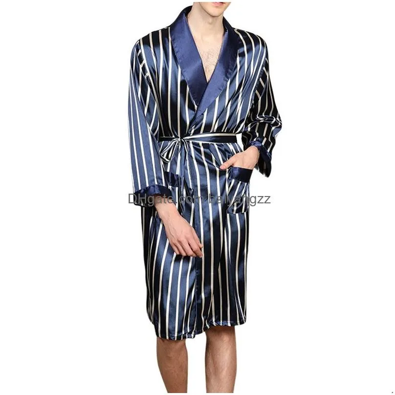 Men`S Sleepwear Spring Fashion Sleepwear Mens Silk Satin Pajamas Sets Robe Striped Long Sleeves Bathrobe Kimono Night Dressing Gown Dr Dhhgq