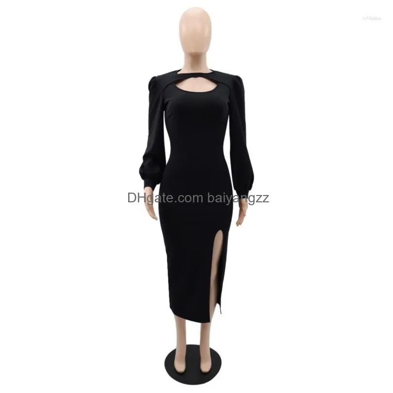 Basic & Casual Dresses Casual Dresses African For Women Y Wrapped Hip Pencil Dress Solid Hollowed Out Long Sleeved Slit Professional C Dhg2M