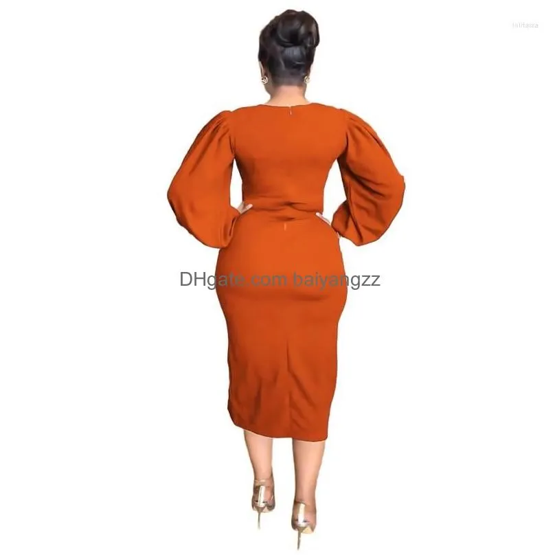 Basic & Casual Dresses Casual Dresses African For Women Y Wrapped Hip Pencil Dress Solid Hollowed Out Long Sleeved Slit Professional C Dhg2M