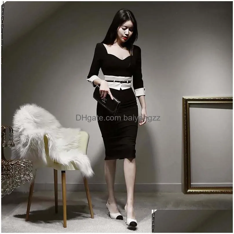 Basic & Casual Dresses Casual Dresses Arrival Fashion Spring Midi Dress Women Ol Professional Temperament Vintage Square Collar 3/4 Sl Dhceu