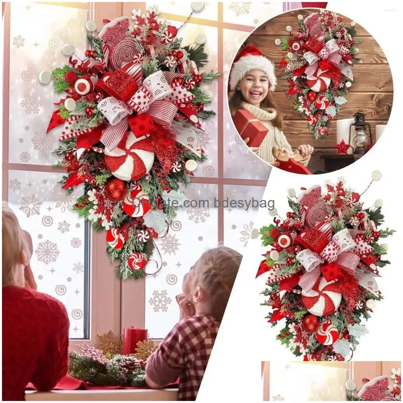 decorative flowers christmas wreath candy cane artificial window door hanging garlands rattan home decoration 2023